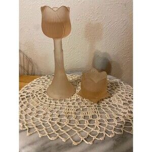 Vintage Pink Frosted Satin Glass Tulip Candle Holder Set